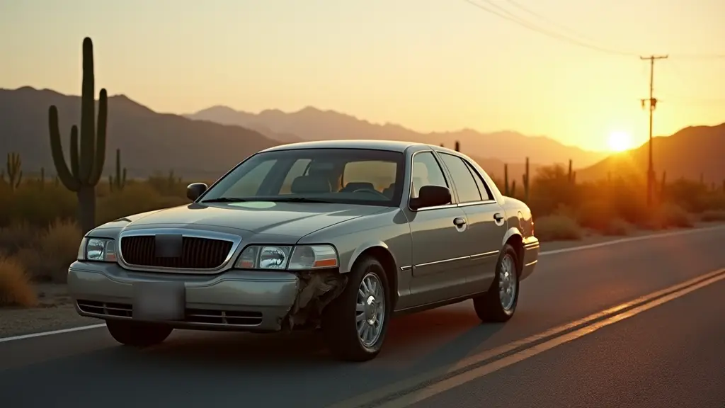Car with a damaged bumper on the shoulder of an Arizona desert highway at sunset